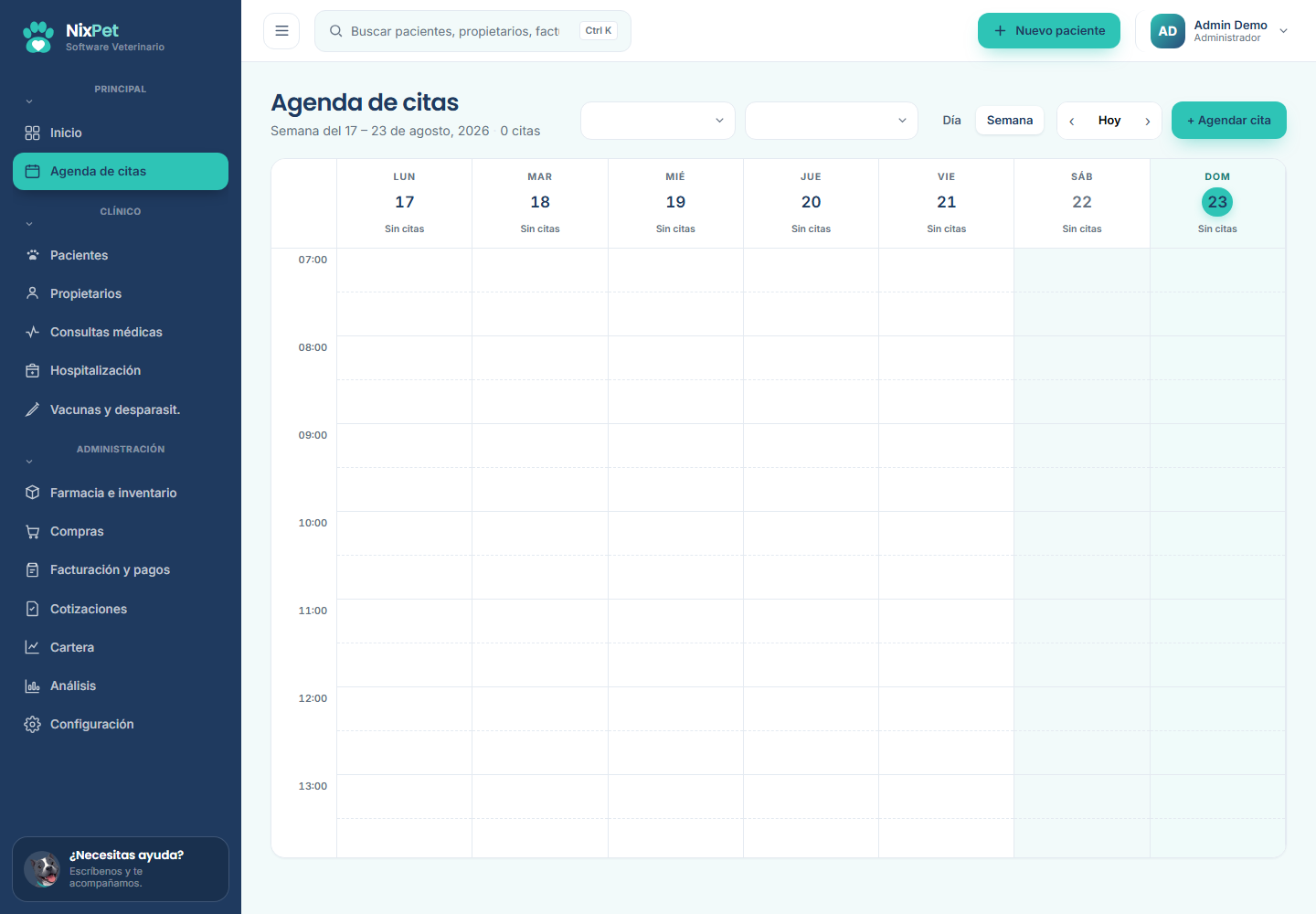 Agenda semanal de citas de Nixpet con vista por día y por profesional